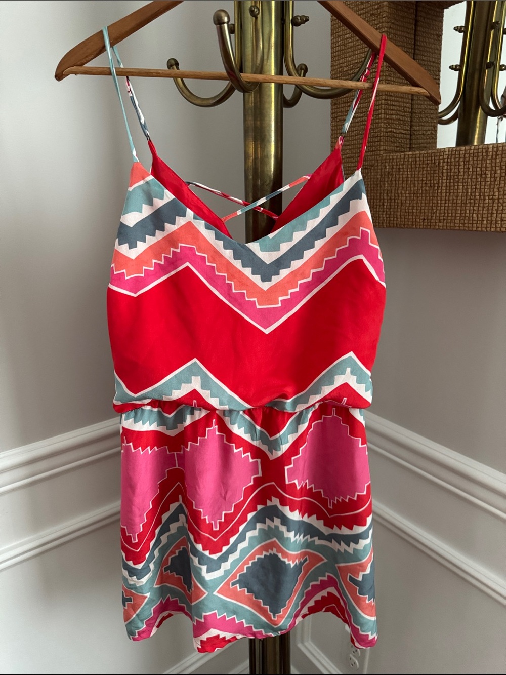 Myne Red Chevron-Patterned Silk Spaghetti Strap Dress with Teal & Pink Accents